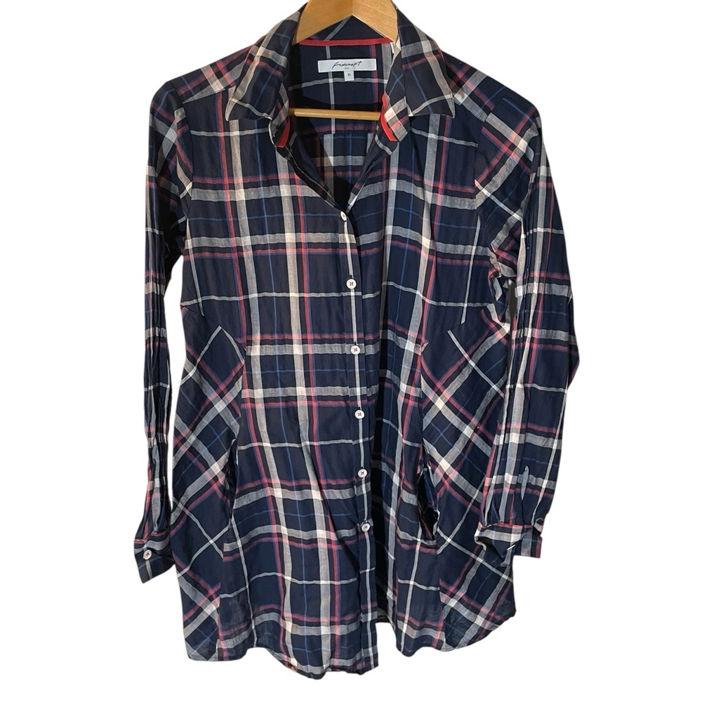 F8- Women’s Size 10 Lightweight Plaid Button-Up Tunic in Navy and Pink w/pockets